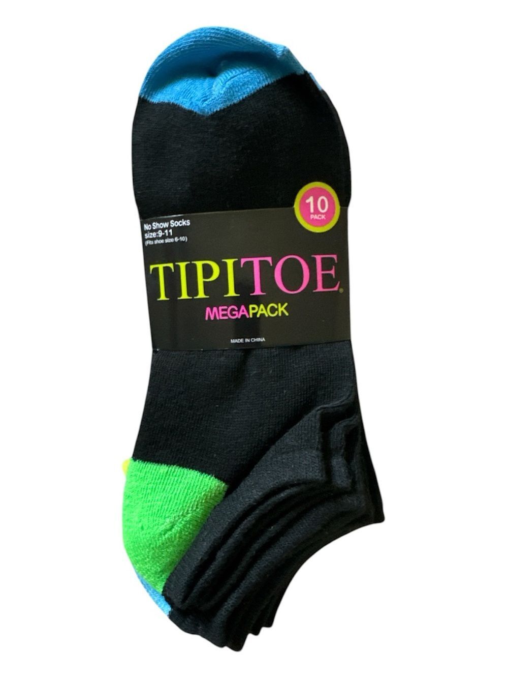 Tipitoe Womens Black No Show Sock 10 Pack Neon Heel Toe Size 9-11 Fits Shoe 6-10